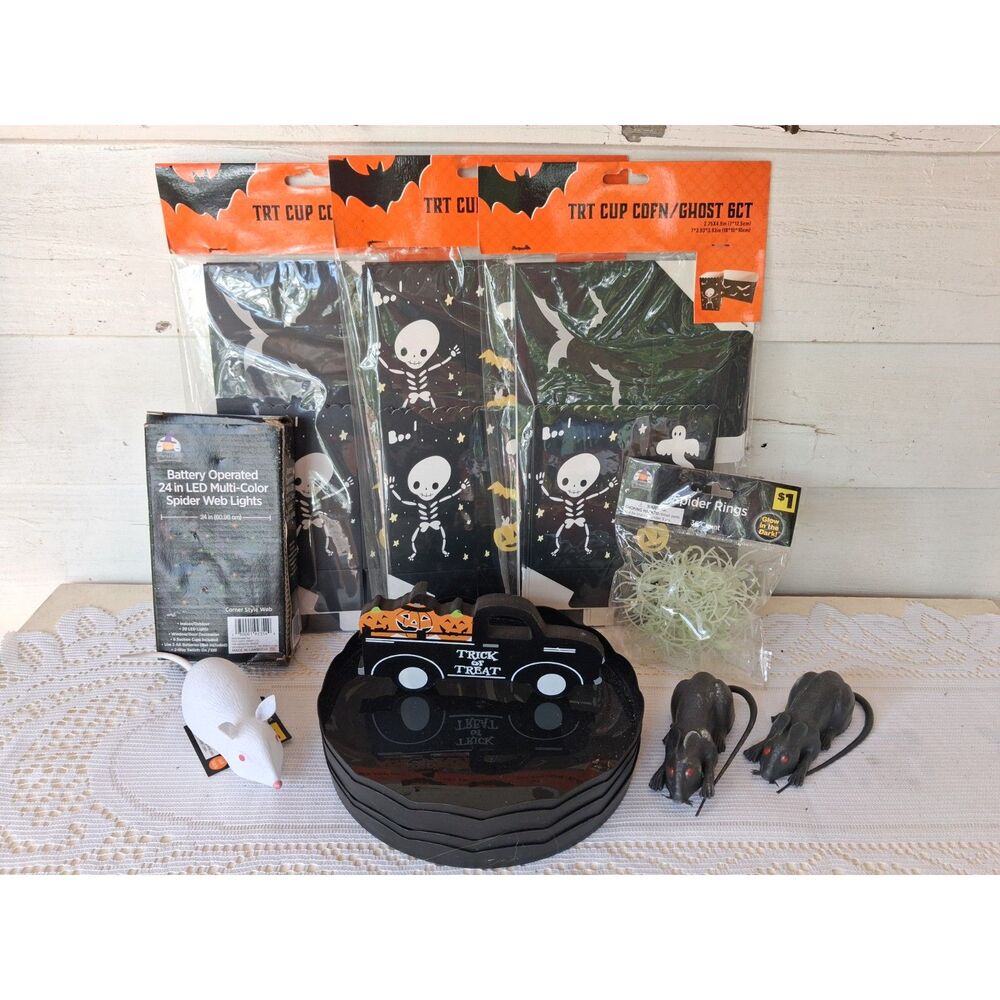 Halloween Party Supply Lot Treat Cups LED Web Lights Spider Rings